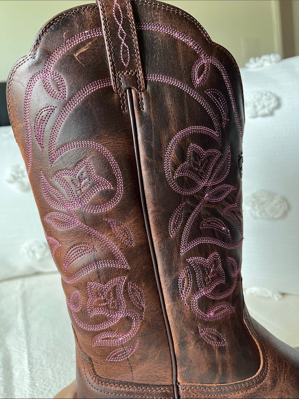 Ariat Brown Leather Western Heeled Boots with Pink Stitching - Picture 6 of 12
